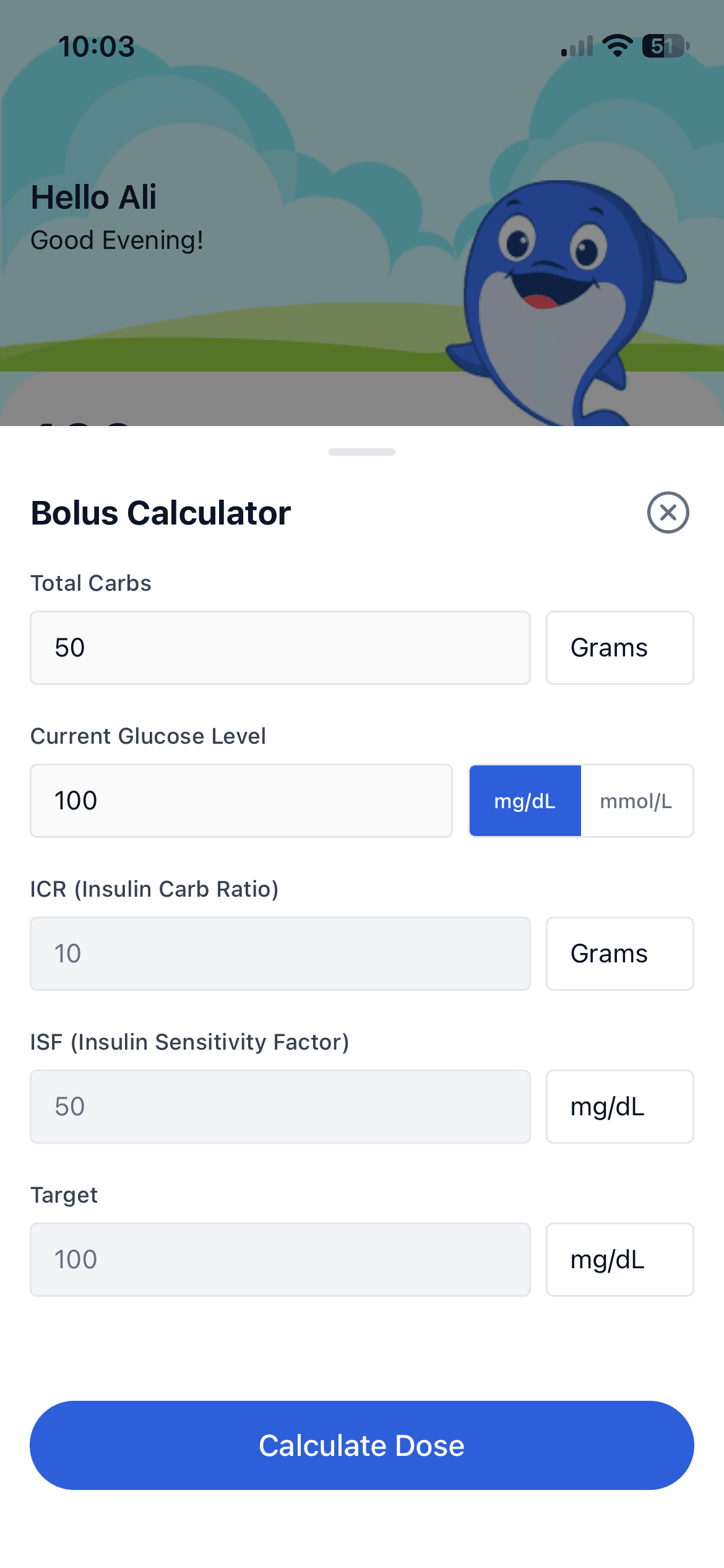 Diabetes Coach bolus calculator with carbs, glucose and ratios