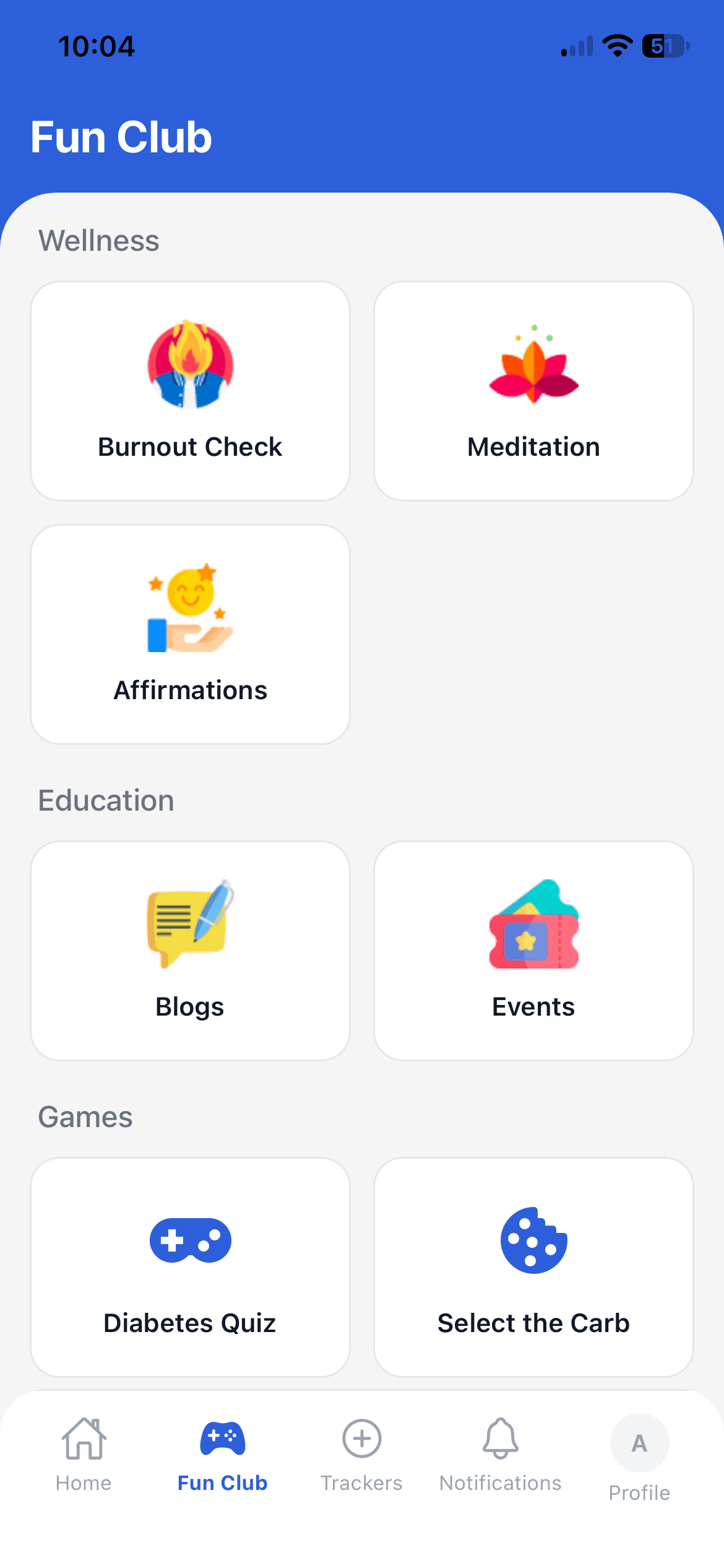 Diabetes Coach wellbeing section with burnout check, meditation and games
