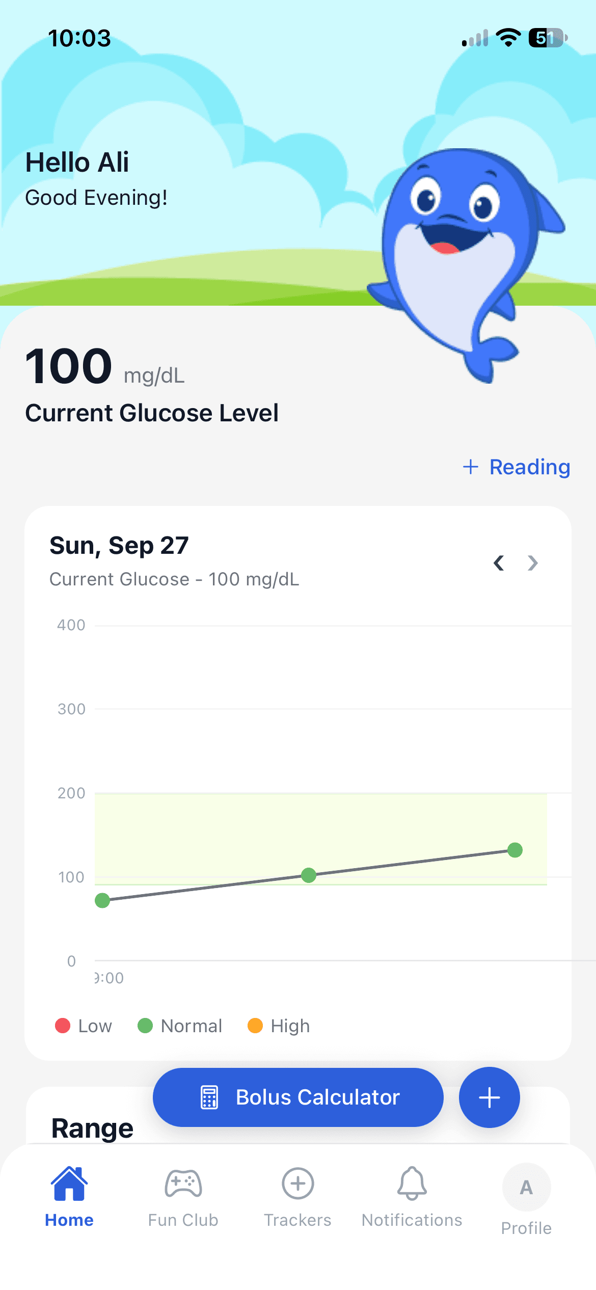 Diabetes Coach mobile home screen with current glucose and daily chart
