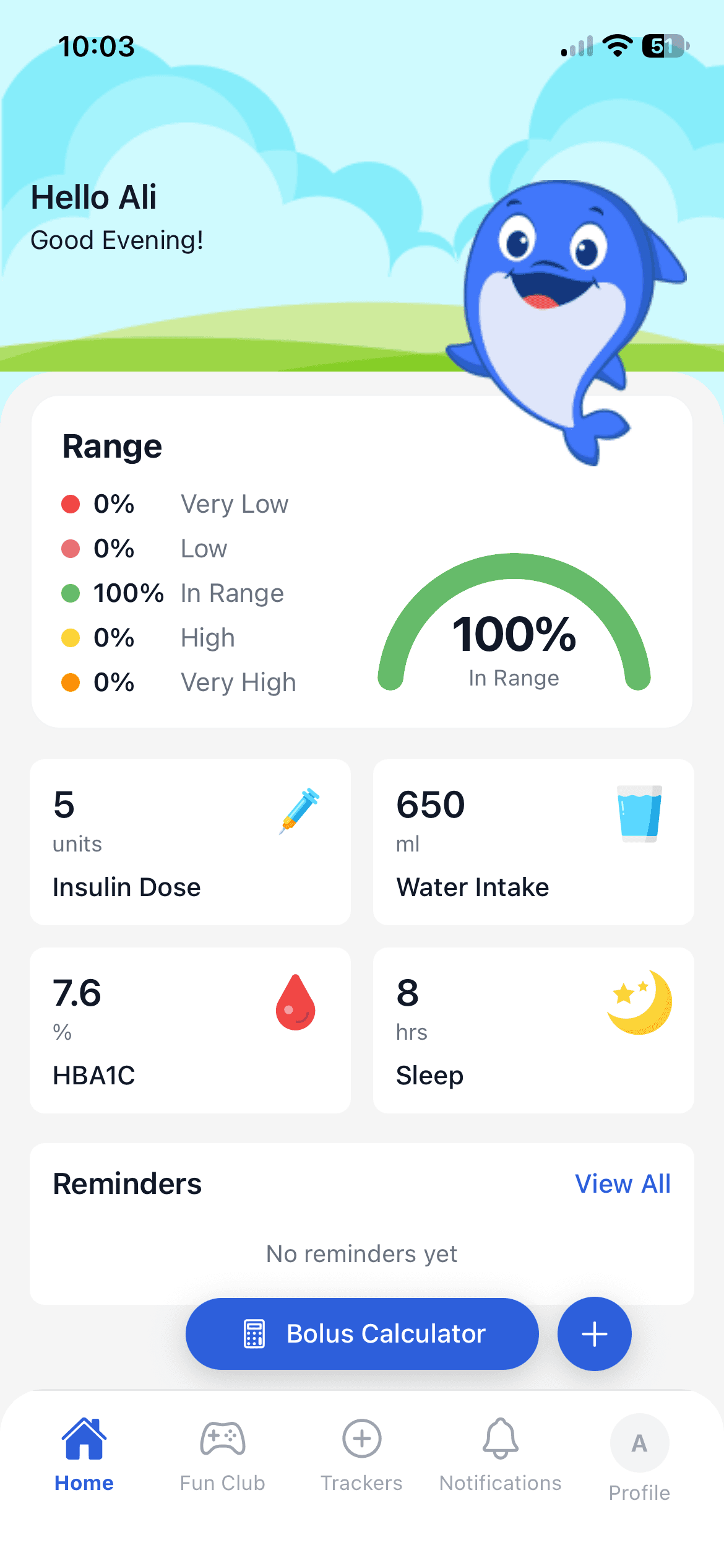Diabetes Coach time-in-range card with glucose statistics