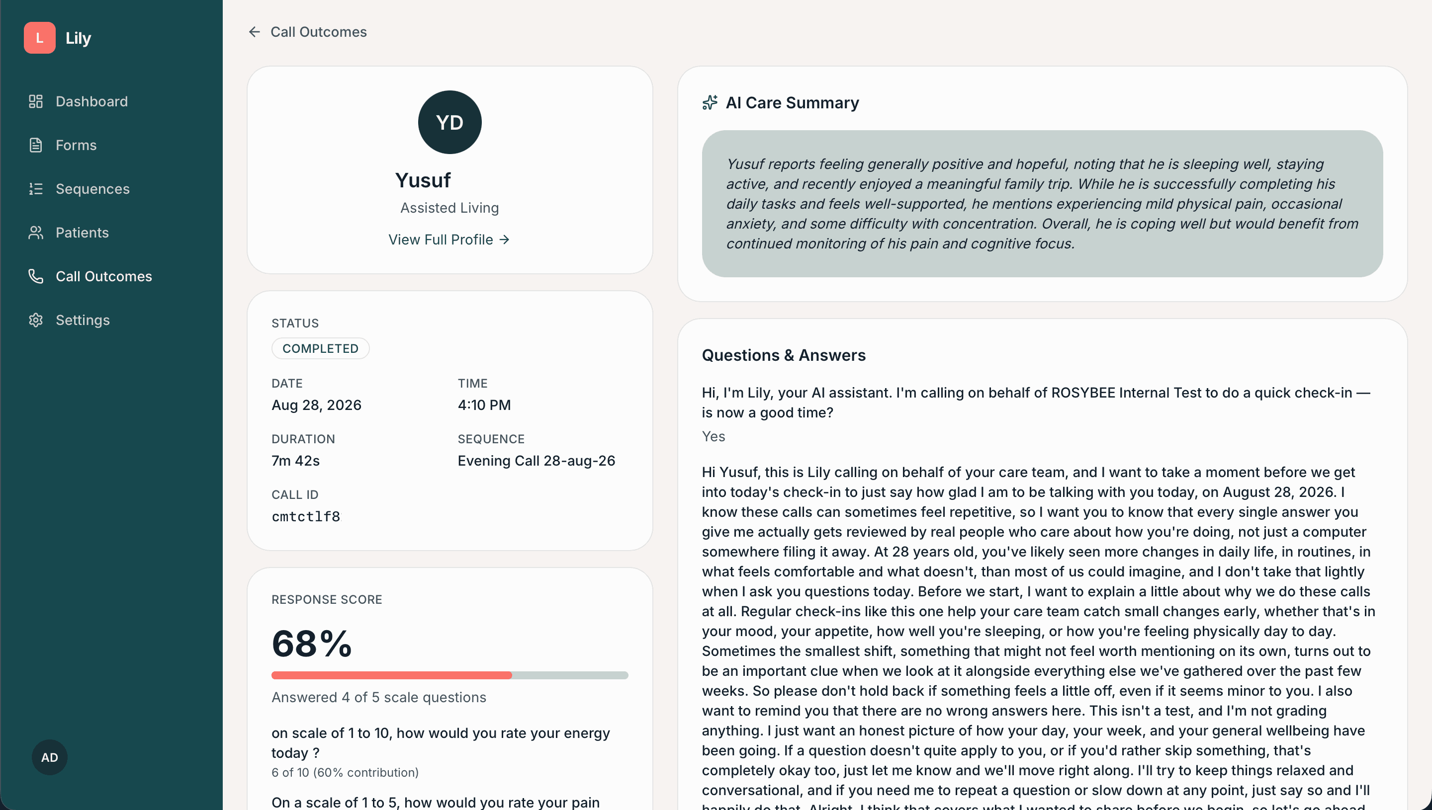 Lily call outcome screen with an AI care summary and transcript
