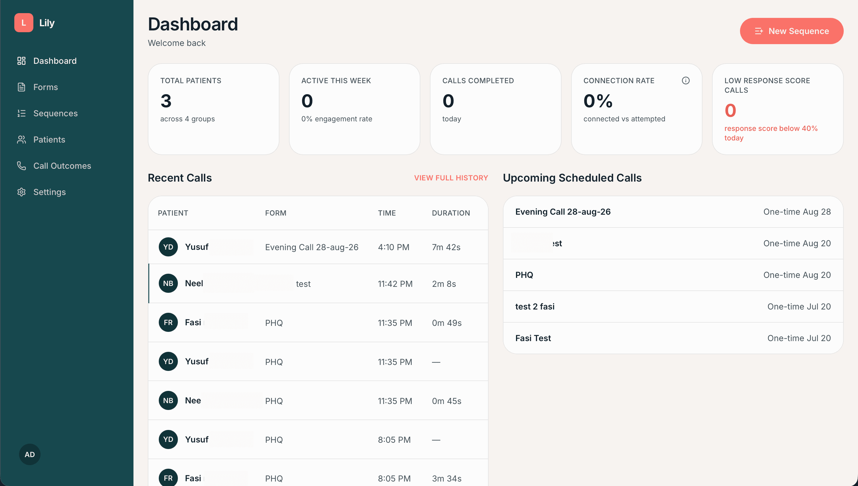Lily dashboard with recent and scheduled calls