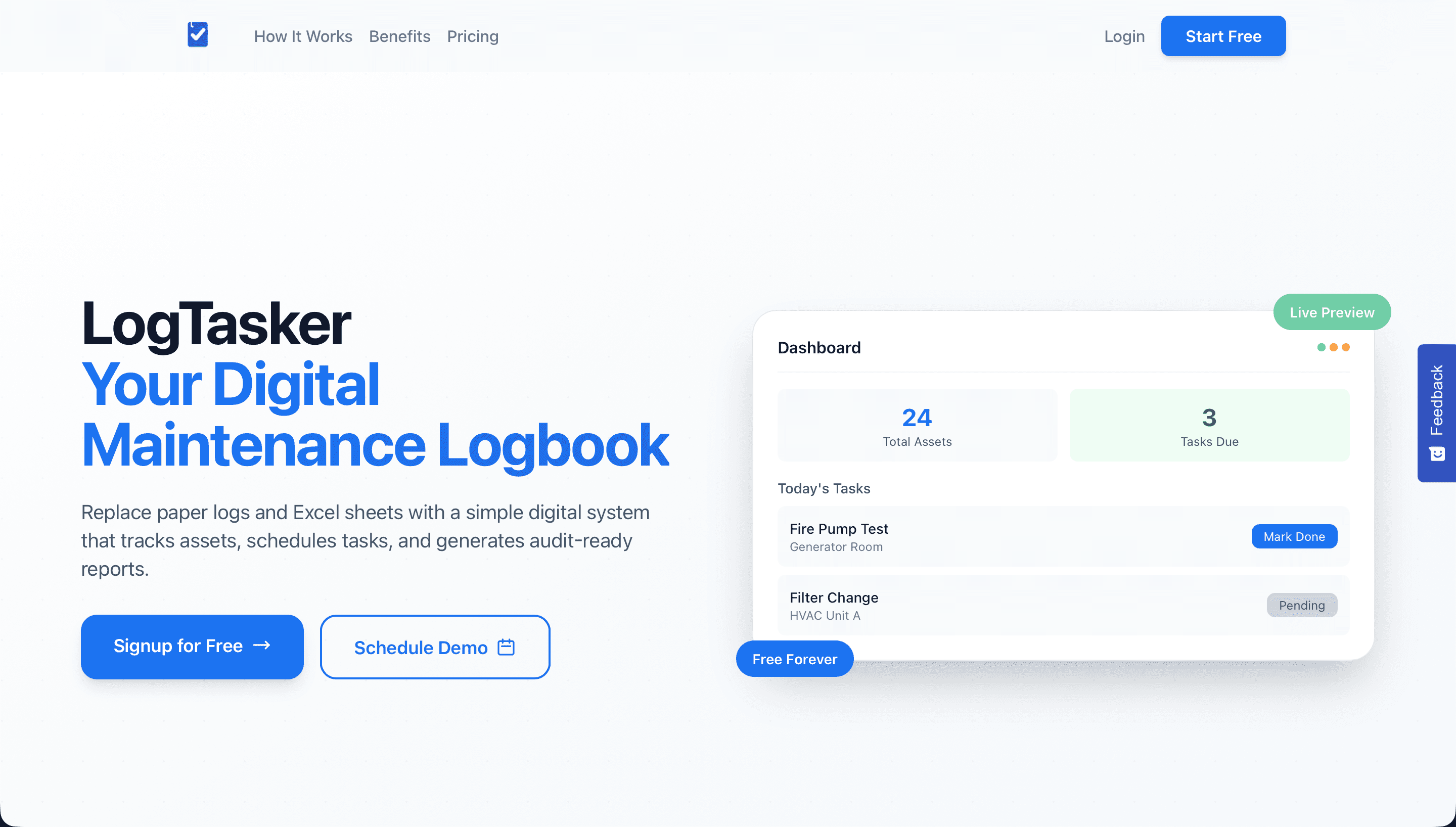 LogTasker landing page with the maintenance dashboard