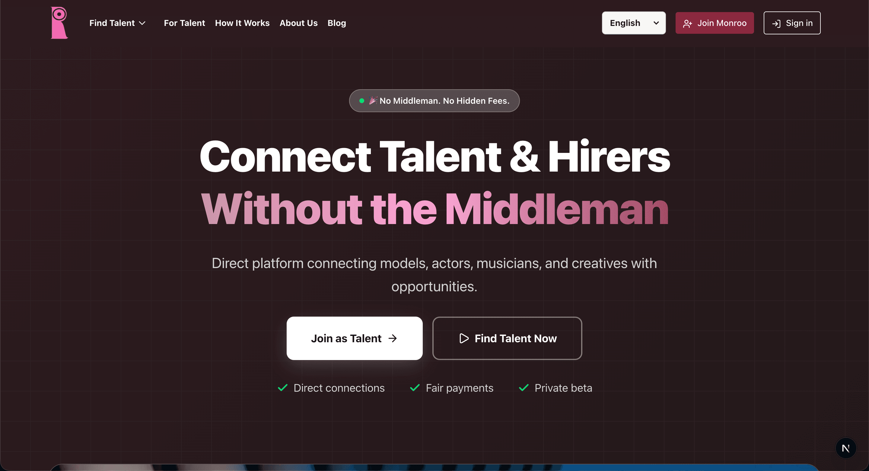 Monroo landing page — connect talent and hirers